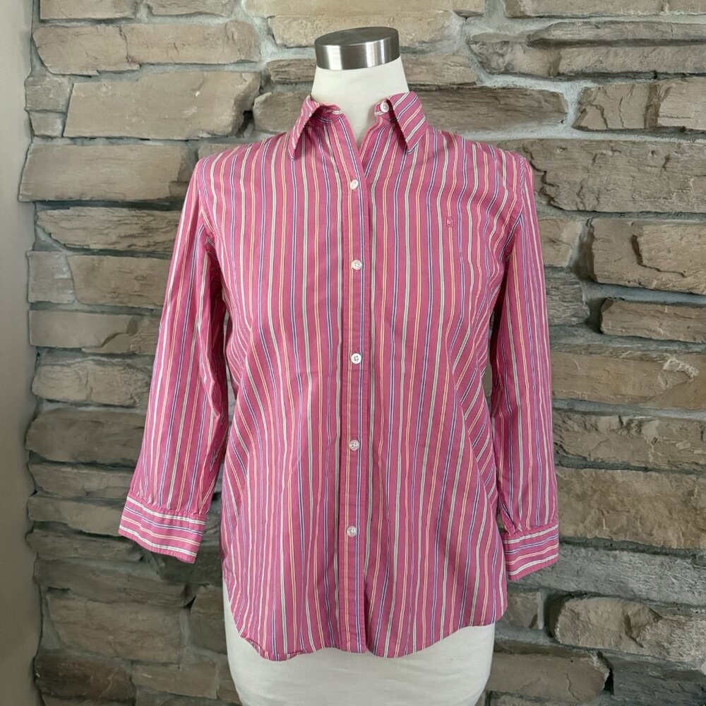 Chaps Women's Button-Up Shirt M Pink Multi Stripe Long Sleeve 100% Cotton